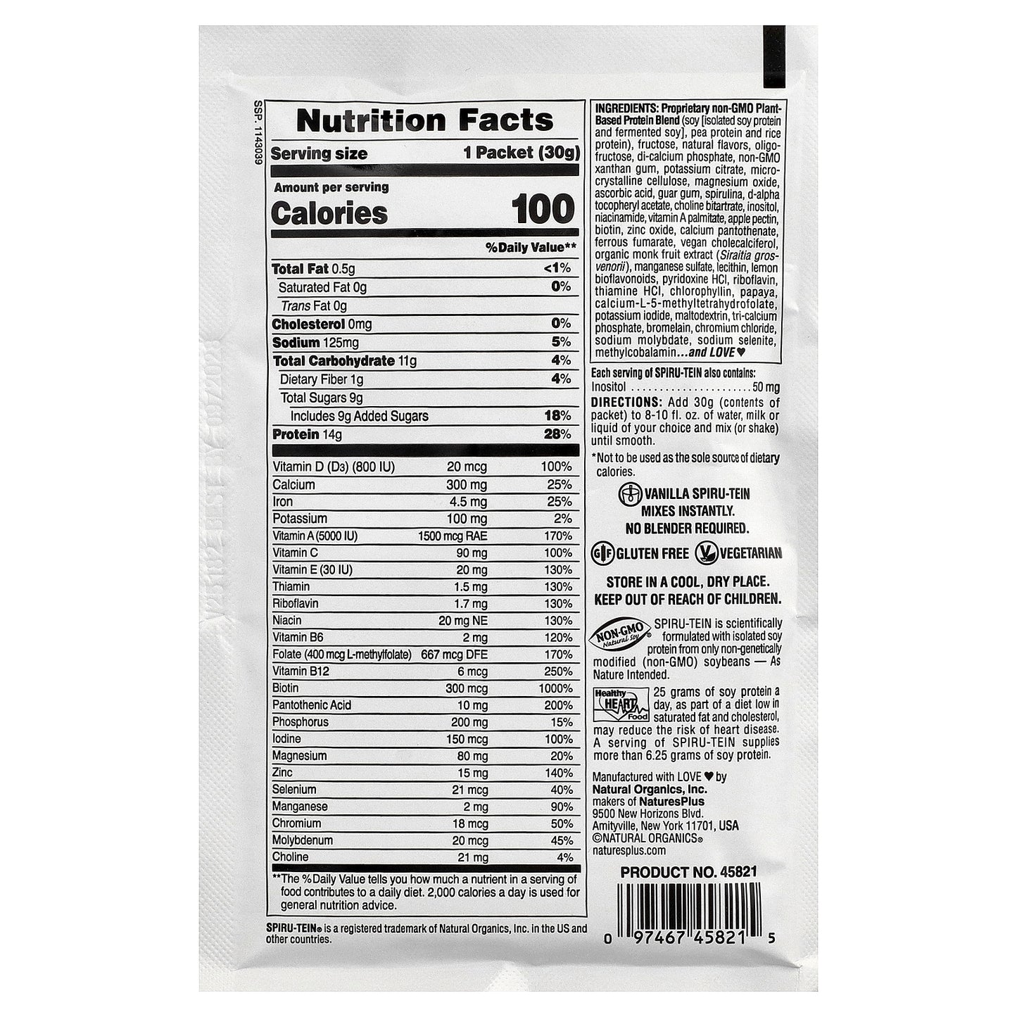 NaturesPlus, Spiru-Tein®, Protein Powder Meal, Vanilla, 8 Packets, 1.06 oz (30 g) Each