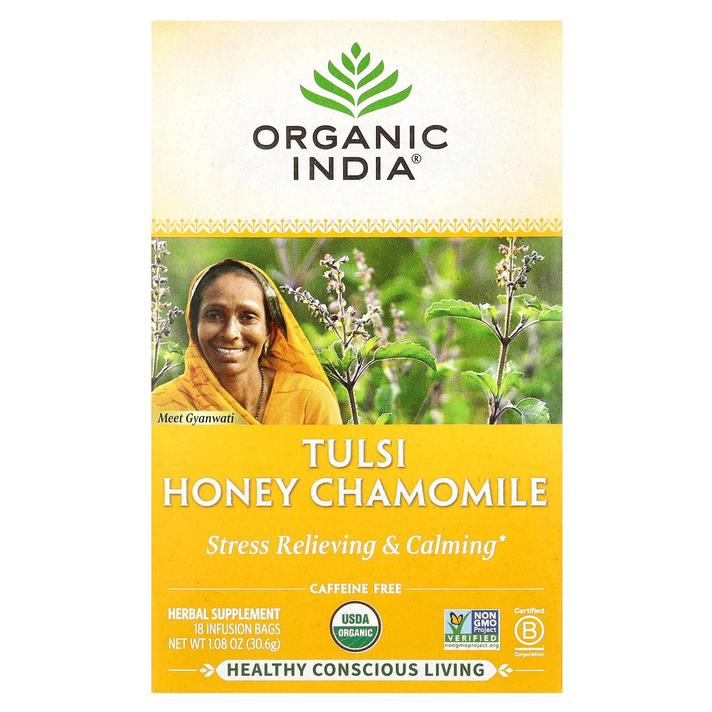 Organic India, Tulsi Honey Chamomile Tea, Caffeine-Free, 18 Infusion Bags, 1.08 oz (30.6 g)