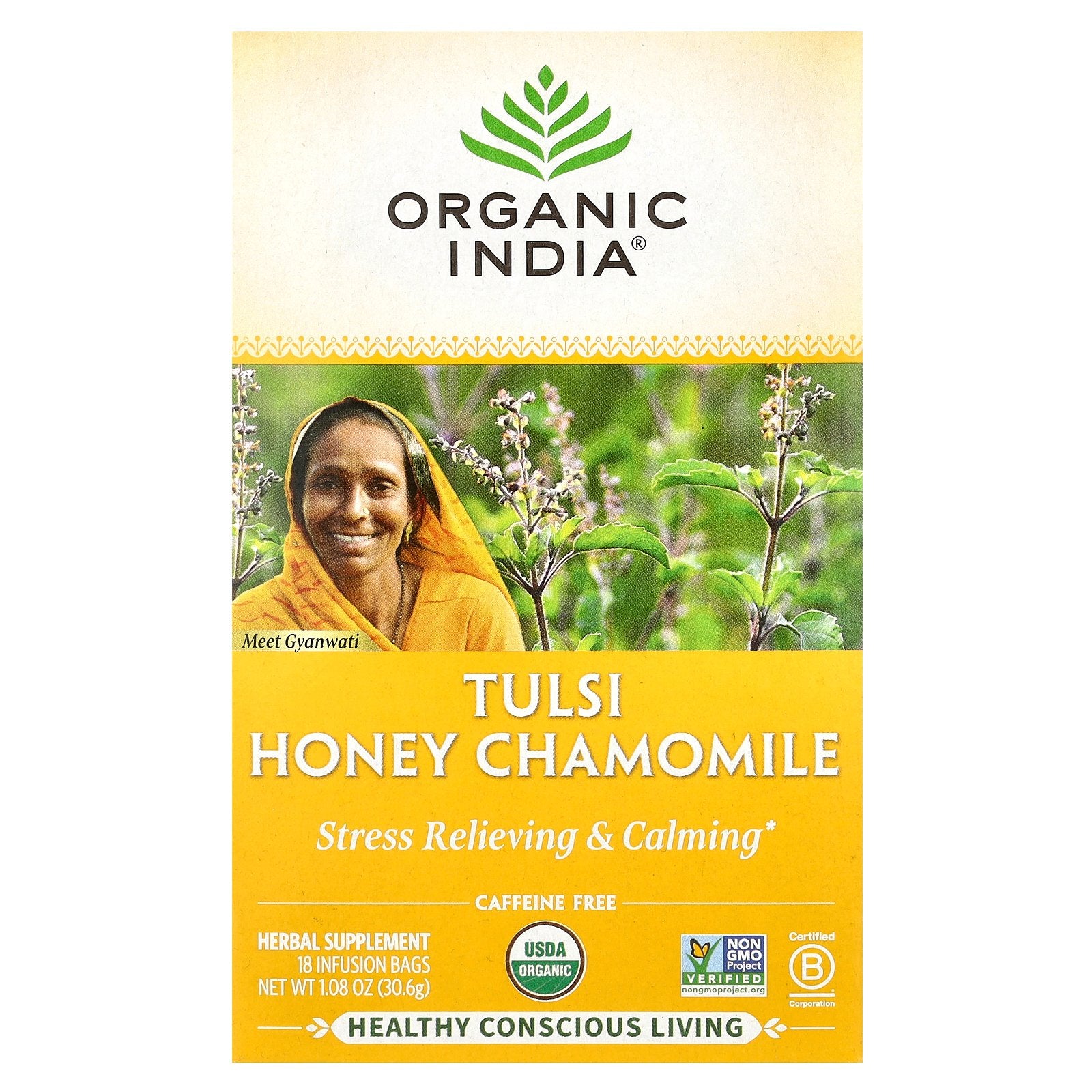 Organic India, Tulsi Honey Chamomile Tea, Caffeine-Free, 18 Infusion Bags, 1.08 oz (30.6 g)