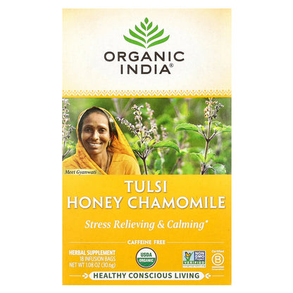 Organic India, Tulsi Honey Chamomile Tea, Caffeine-Free, 18 Infusion Bags, 1.08 oz (30.6 g)