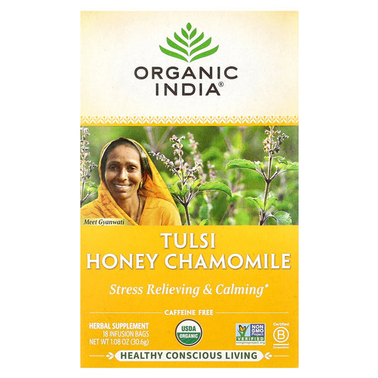 Organic India, Tulsi Honey Chamomile Tea, Caffeine-Free, 18 Infusion Bags, 1.08 oz (30.6 g)