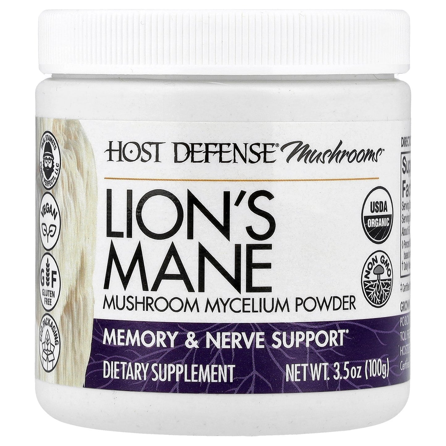 Host Defense, Host Defense® Mushrooms™, Lion's Mane, Mushroom Mycelium Powder, 3.5 oz (100 g)