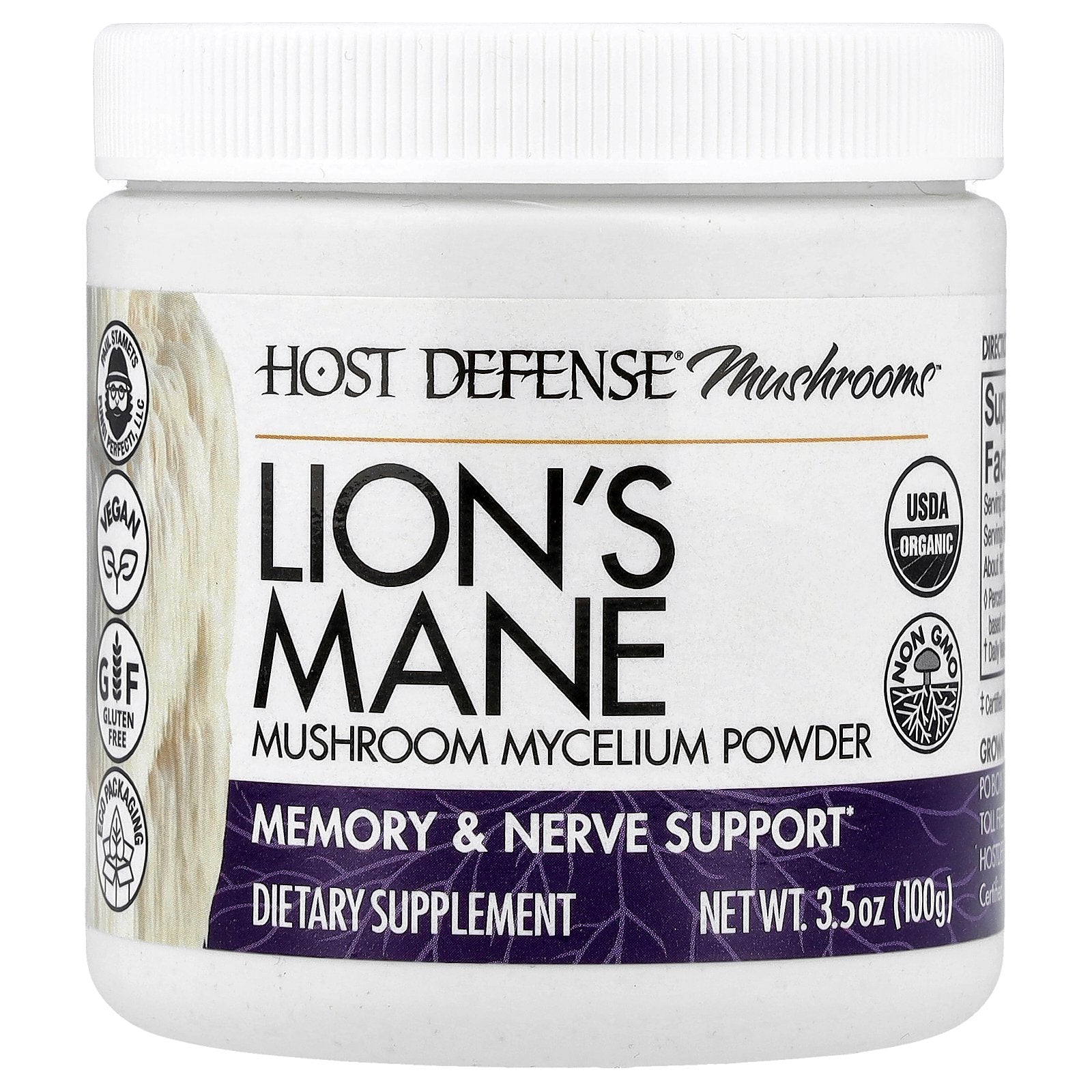 Host Defense, Host Defense® Mushrooms™, Lion's Mane, Mushroom Mycelium Powder, 3.5 oz (100 g)