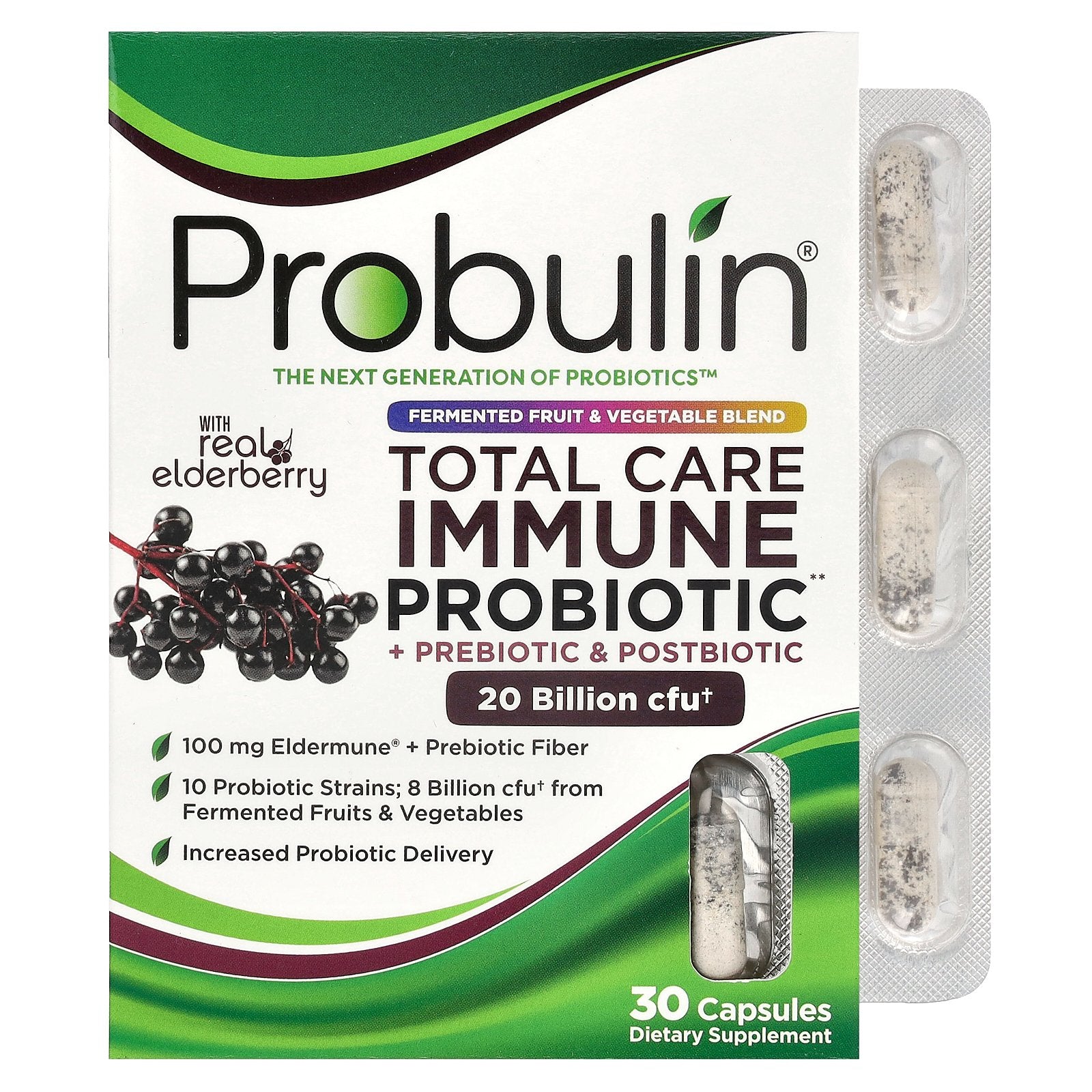 Probulin, Total Care Immune Probiotic + Prebiotic & Postbiotic with Real Elderberry, 20 Billion CFU, 30 Capsules