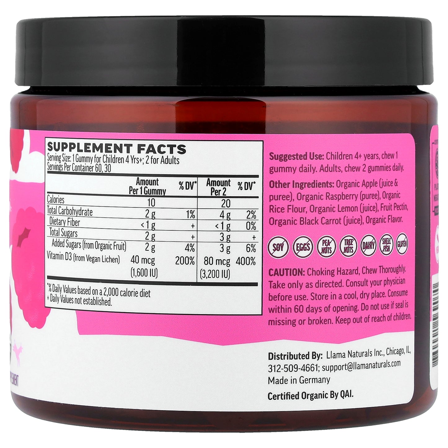 Llama Naturals, Kids & Adults Plant-Based Vitamin D3, Real Fruit Gummies, Really Raspberry, 60 Gummies