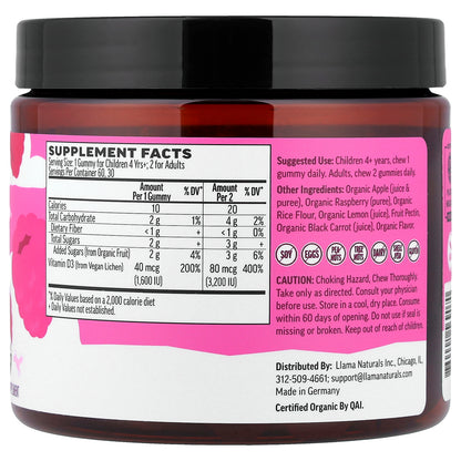 Llama Naturals, Kids & Adults Plant-Based Vitamin D3, Real Fruit Gummies, Really Raspberry, 60 Gummies