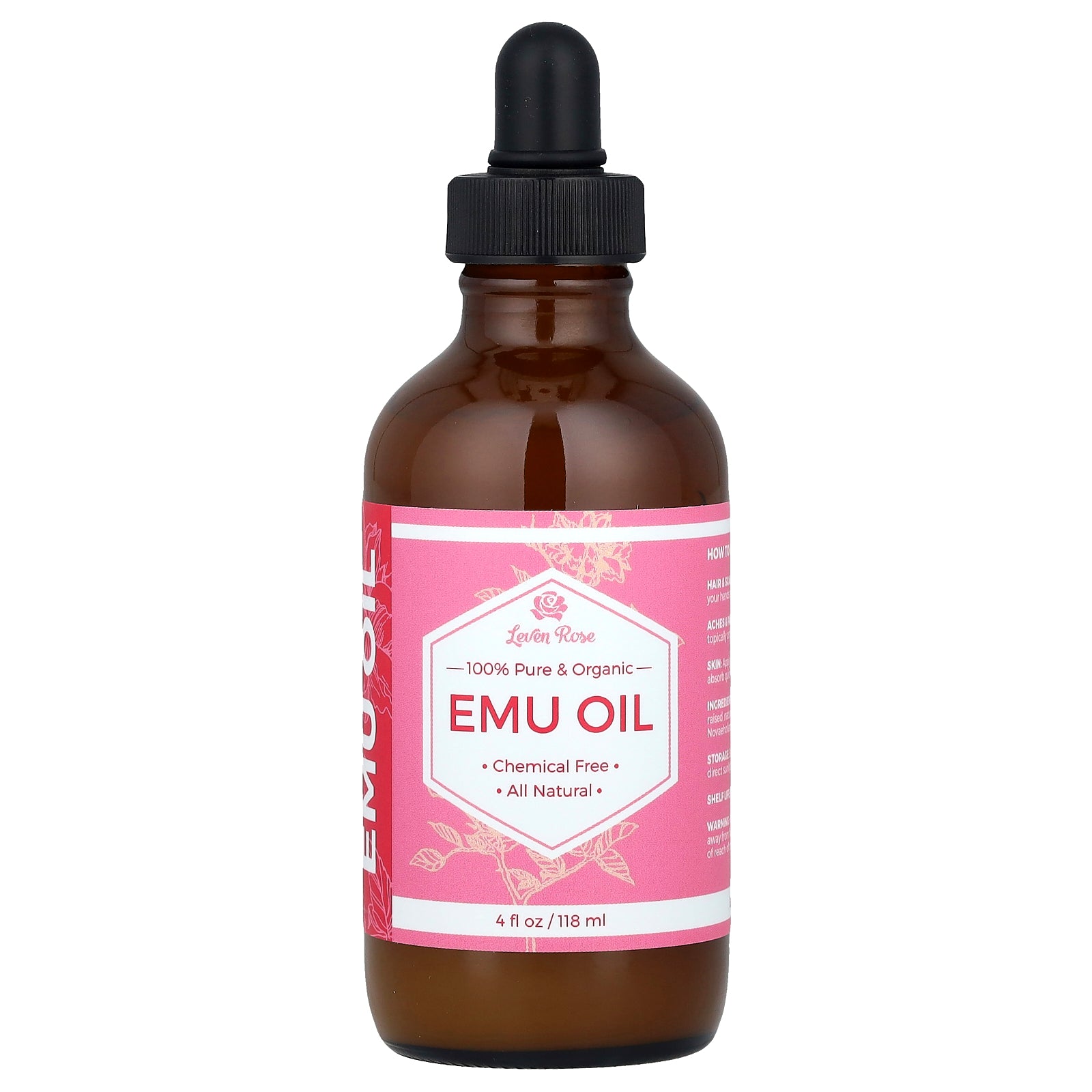Leven Rose, 100% Pure & Organic Emu Oil, 4 fl oz (118 ml)