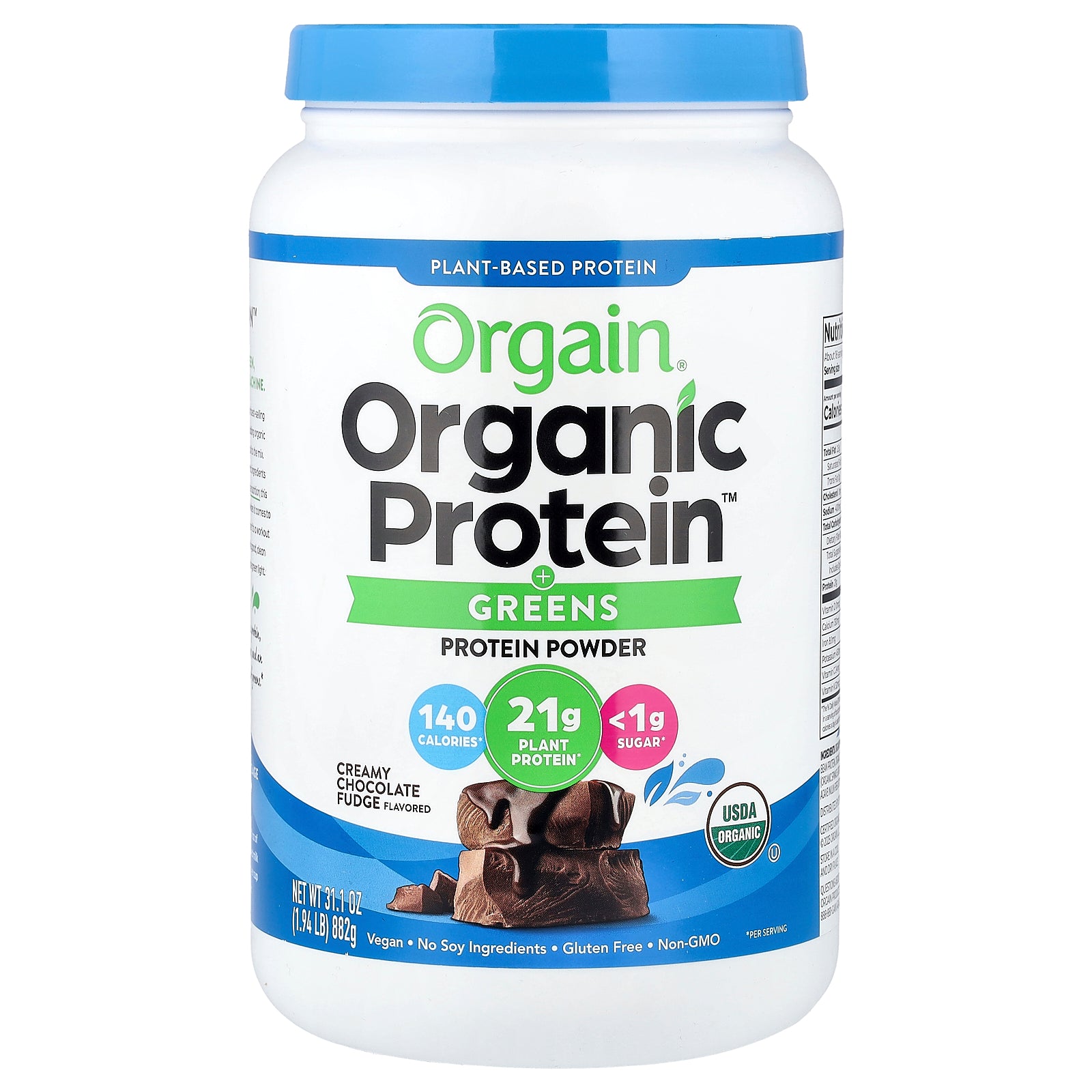 Orgain, Organic Protein™ + Greens Protein Powder, Plant-Based, Creamy Chocolate Fudge, 1.94 lbs (882 g)
