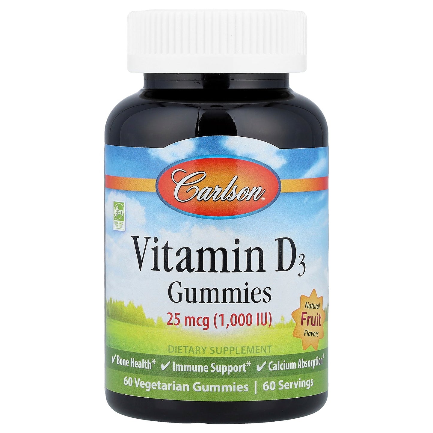 Carlson, Vitamin D3 Gummies, Natural Fruit, 25 mcg (1,000 IU), 60 Vegetarian Gummies