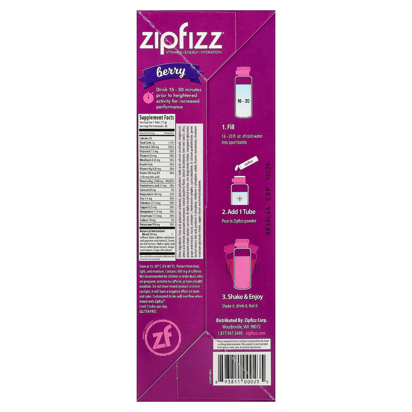 Zipfizz, Drink Mix, Berry, 20 Tubes, 0.39 oz (11 g) Each