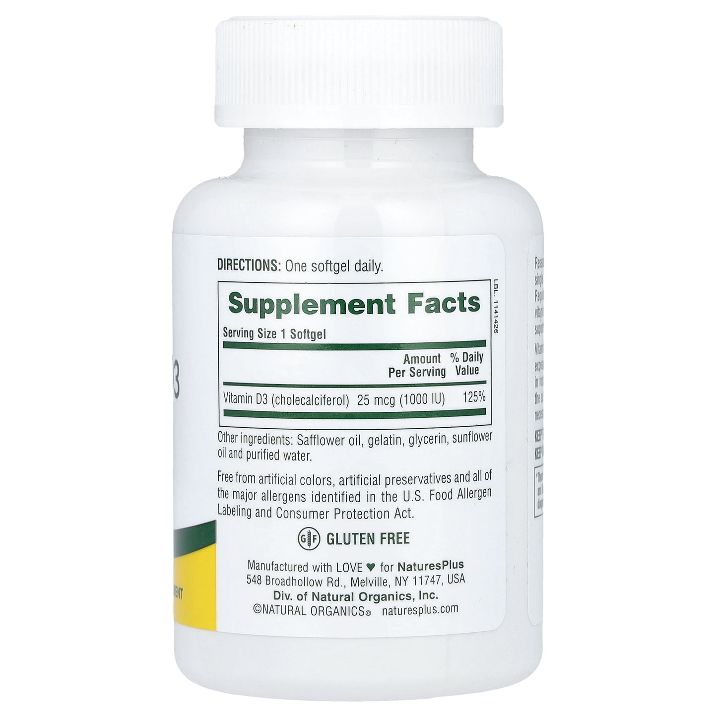 NaturesPlus, Vitamin D3, 25 mcg (1,000 IU), 180 Softgels