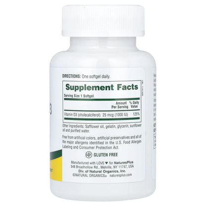 NaturesPlus, Vitamin D3, 25 mcg (1,000 IU), 180 Softgels