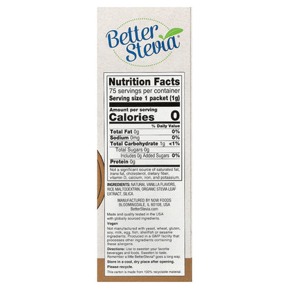 NOW Foods, BetterStevia®, Zero-Calorie Sweetener, French Vanilla, 75 Packets, 0.035 oz (1 g) Each