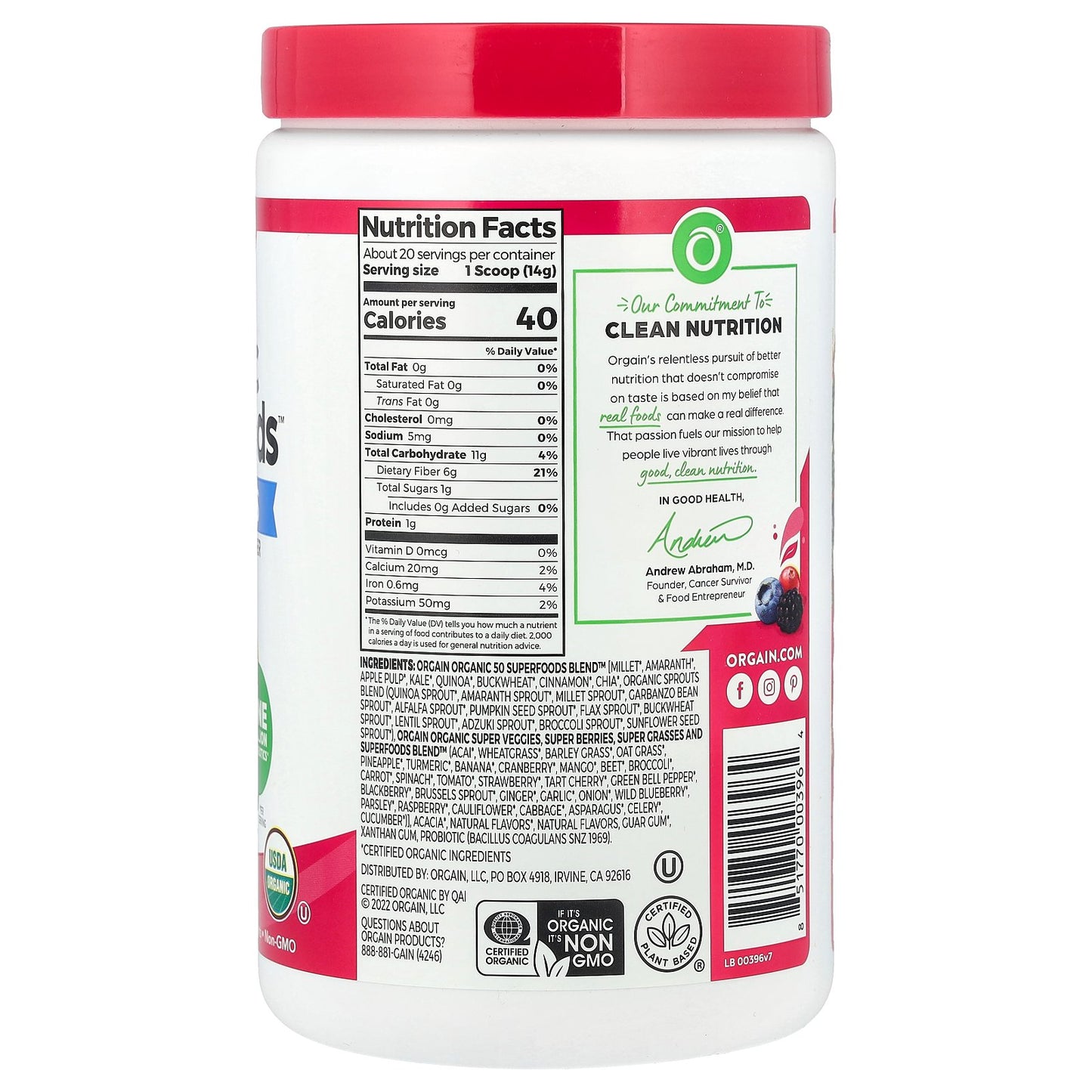 Orgain, Organic Superfoods™ + Probiotics Super Nutrition Powder, Berry, 9.9 oz (280 g)