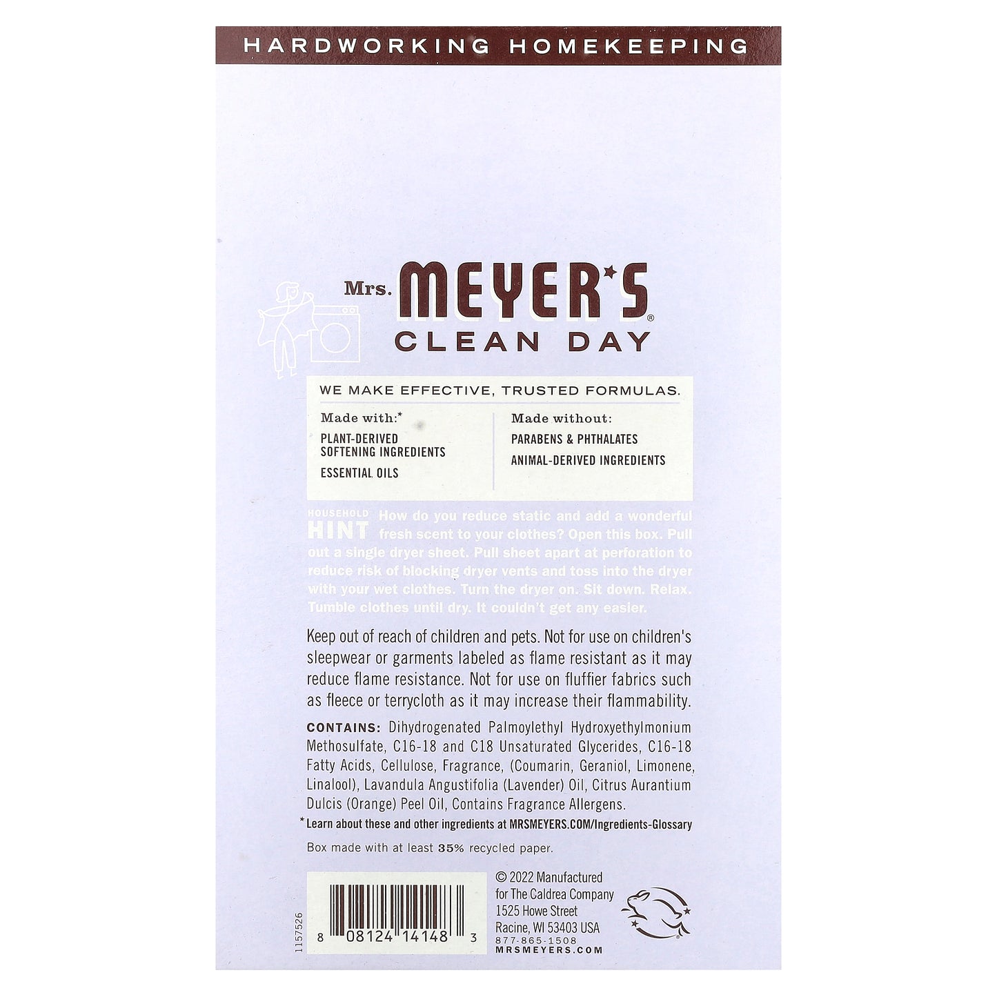 Mrs. Meyers Clean Day, Dryer Sheets, Lavender, 80 Sheets