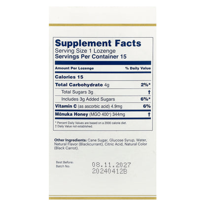 Manuka Health, Manuka Honey Lozenges, Natural Blackcurrant, MGO 400+, 15 Lozenges