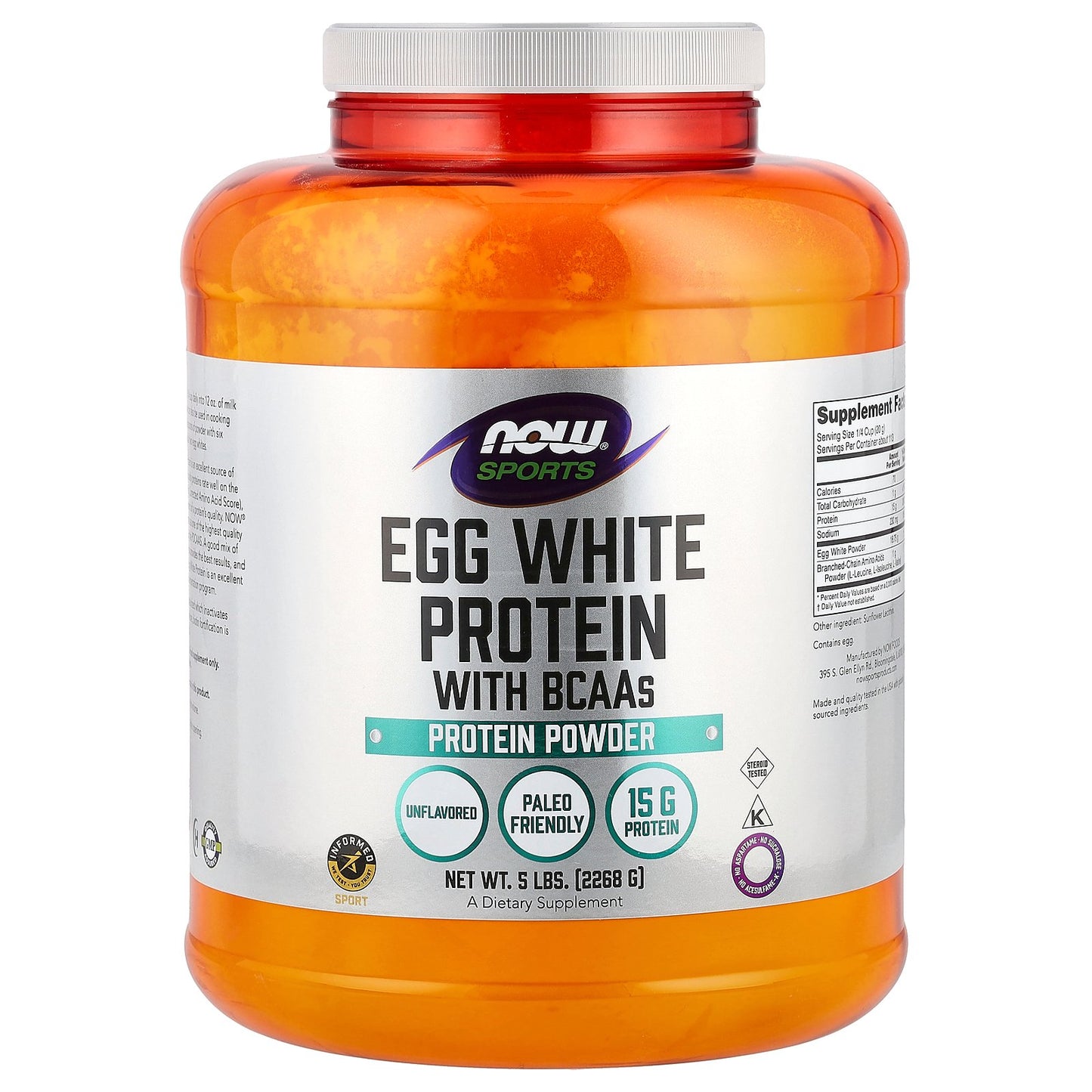 NOW Foods, Sports, Egg White Protein Powder With BCAAs , Unflavored, 5 lbs (2,268 g)