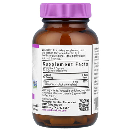 Bluebonnet Nutrition, Chelated Copper, 3 mg , 90 Vegetable Capsules