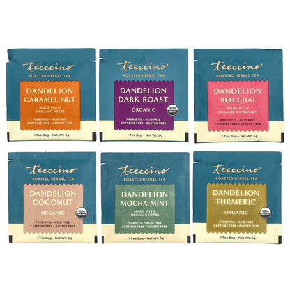 Teeccino, Dandelion Herbal Tea Sampler, 6 Flavors, Caffeine Free, 12 Tea Bags, 2.54 oz (72 g)