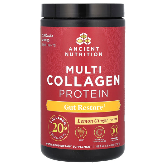 Ancient Nutrition, Multi Collagen Protein, Gut Restore, Lemon Ginger, 8.4 oz (238 g)