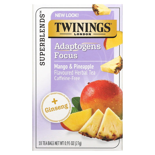 Twinings, Adaptogens Focus Herbal Tea, Mango & Pineapple, Caffeine Free, 18 Tea Bags, 0.95 oz (27 g)