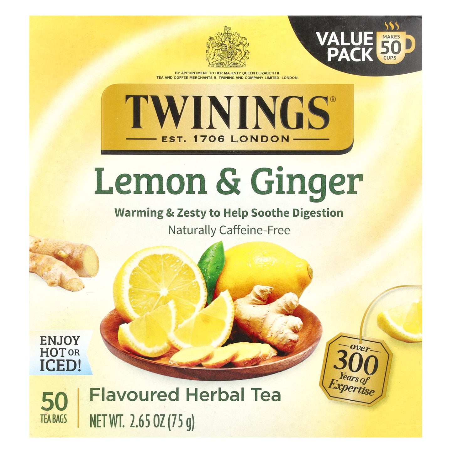 Twinings, Flavored Herbal Tea, Lemon & Ginger, Caffeine Free, 50 Tea Bags, 2.65 oz (75 g)