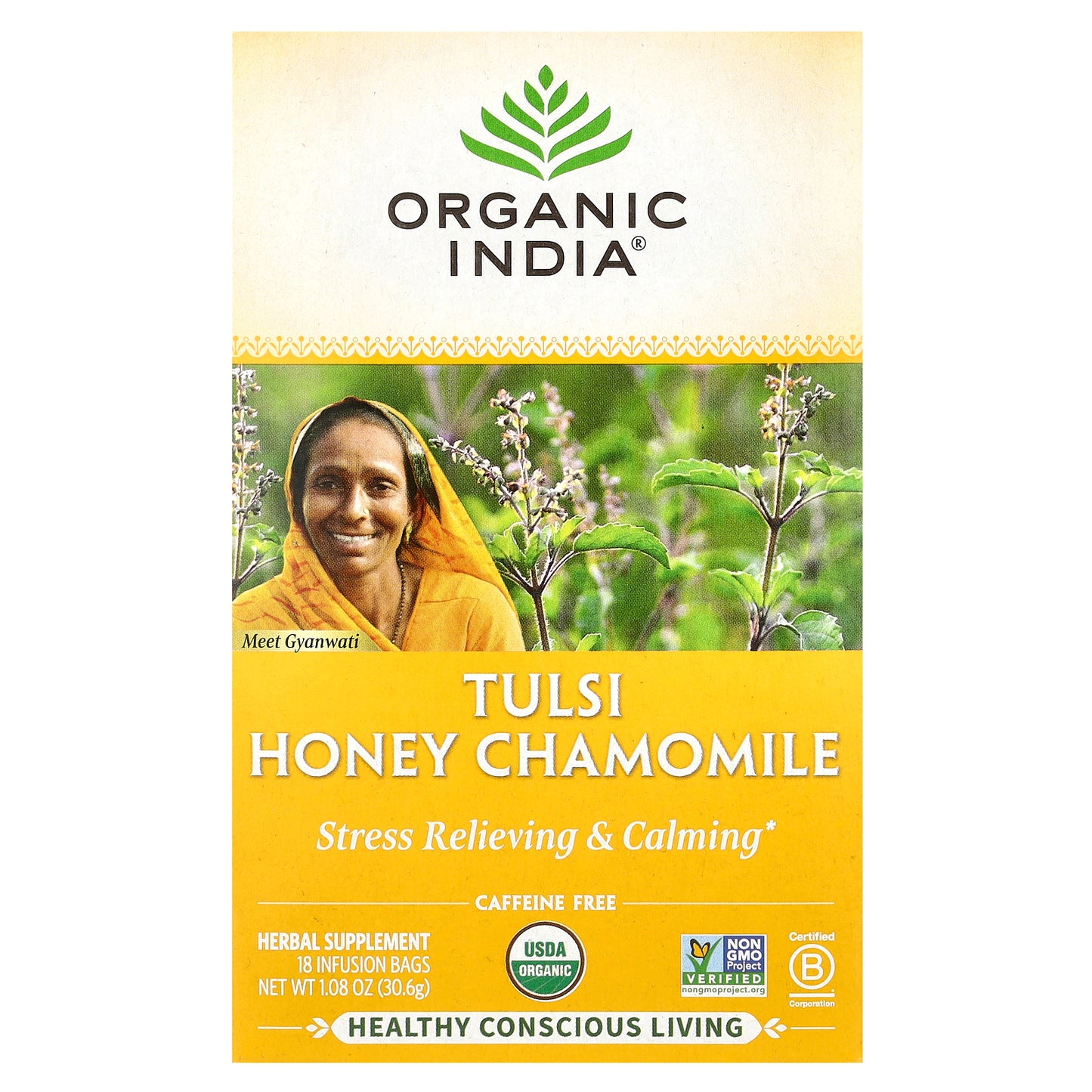 Organic India, Tulsi Tea, Honey Chamomile, Caffeine-Free, 18 Infusion Bags, 1.08 oz (30.6 g)