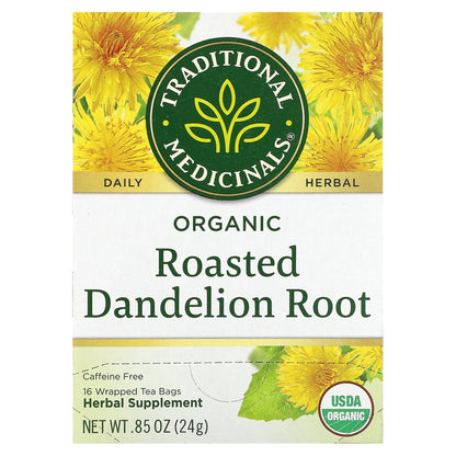 Traditional Medicinals, Organic Roasted Dandelion Root, Caffeine Free, 16 Wrapped Tea Bags, 0.85 oz (24 g)