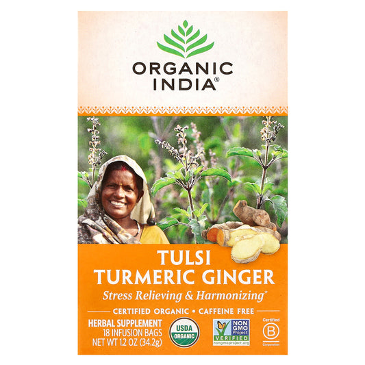 Organic India, Tulsi Tea, Turmeric Ginger, Caffeine-Free, 18 Infusion Bags, 1.2 oz (34.2 g)