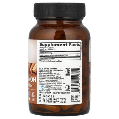 Organic India, Ceylon Cinnamon, 90 Vegetarian Caps (325 mg per Capsule)