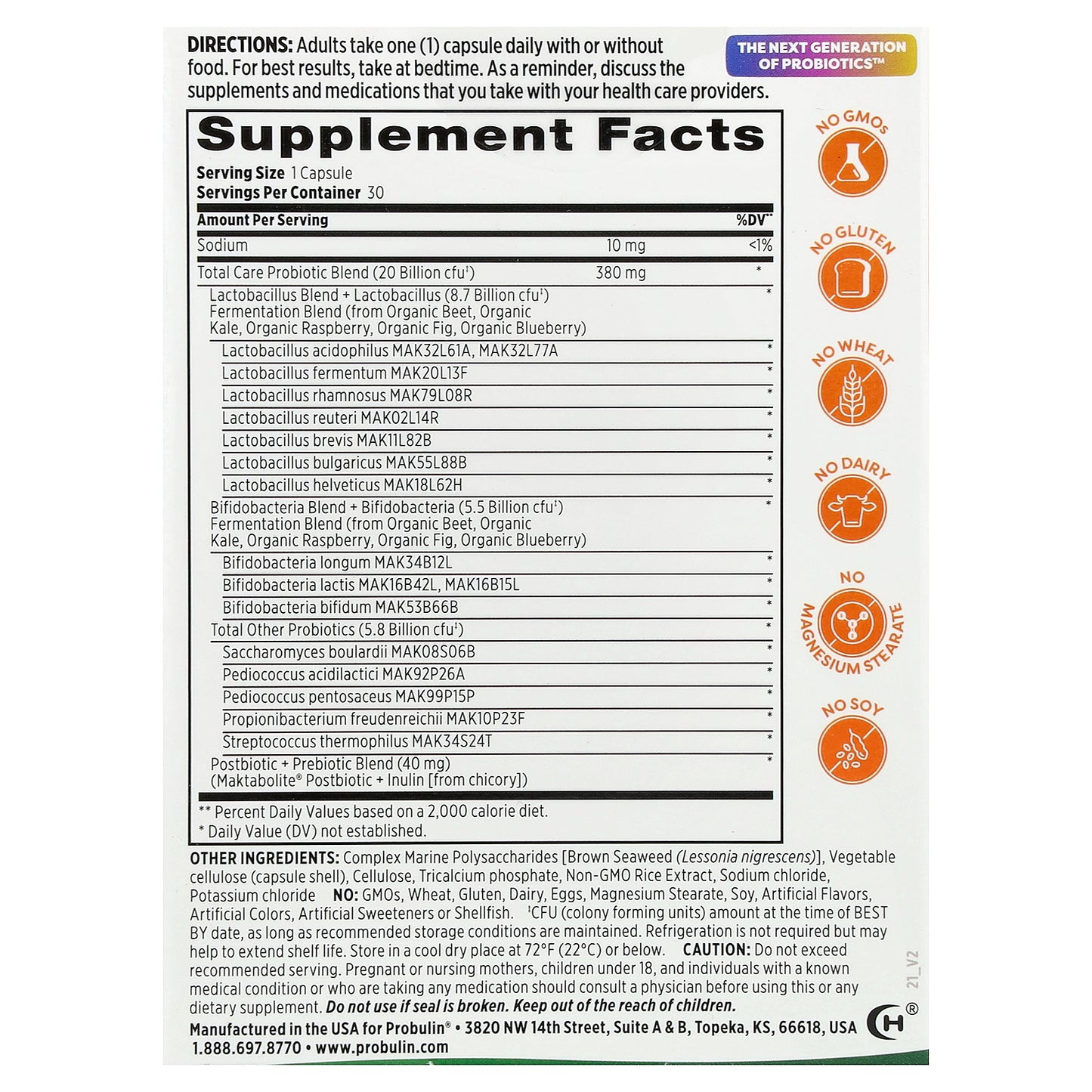 Probulin, Total Care Probiotic, 20 Billion CFU, 30 Capsules