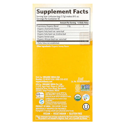 Organic India, Tulsi Honey Chamomile Tea, Caffeine-Free, 18 Infusion Bags, 1.08 oz (30.6 g)