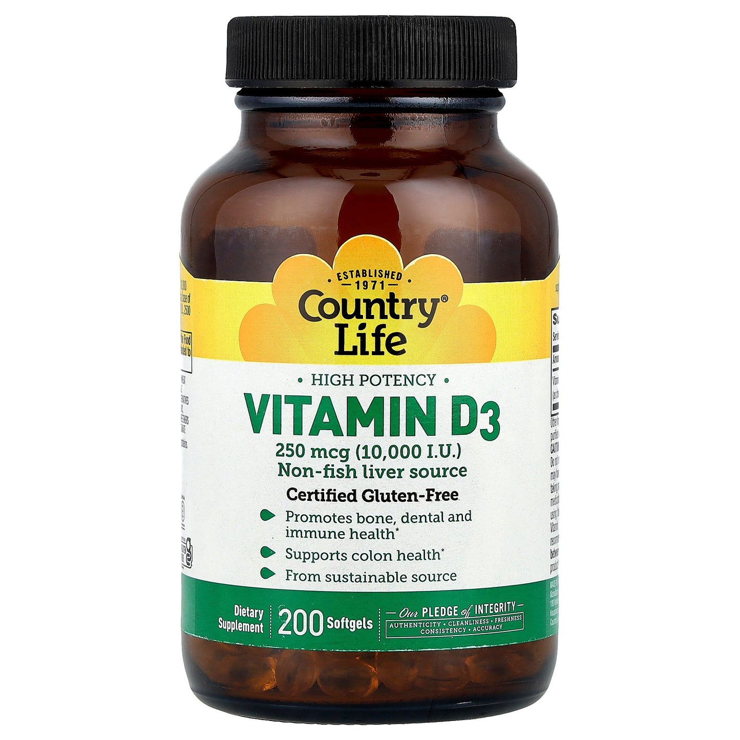 Country Life, Vitamin D3, High Potency , 250 mcg (10,000 IU), 200 Softgels