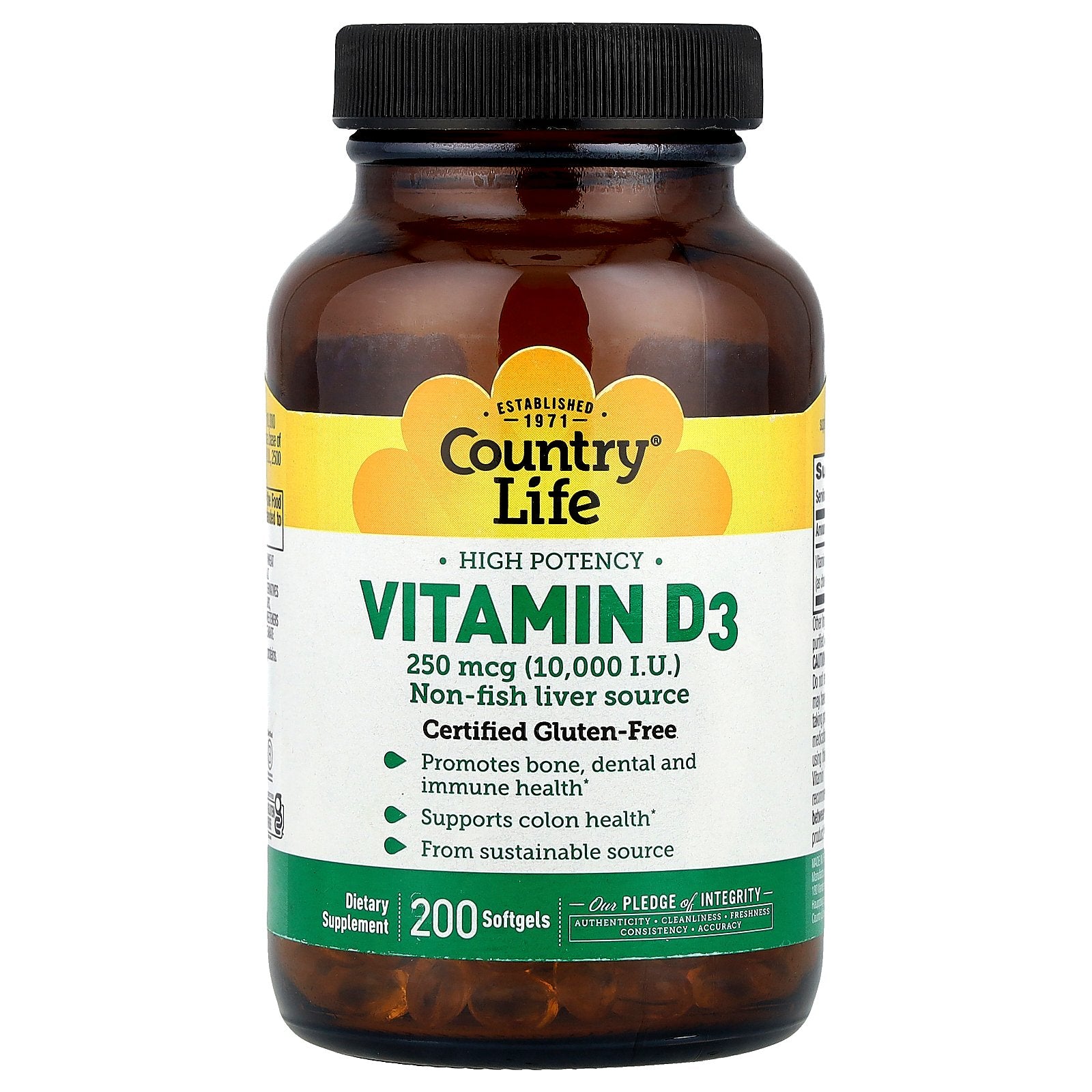 Country Life, Vitamin D3, High Potency , 250 mcg (10,000 IU), 200 Softgels