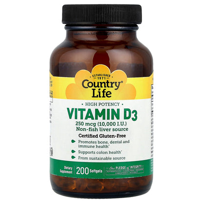 Country Life, Vitamin D3, High Potency , 250 mcg (10,000 IU), 200 Softgels