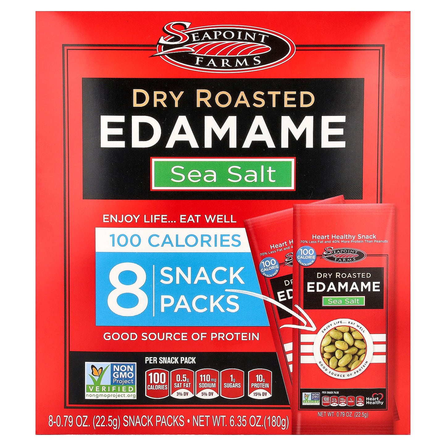 Seapoint Farms, Dry Roasted Edamame, Sea Salt, 8 Snack Packs, 0.79 oz (22.5 g) Each