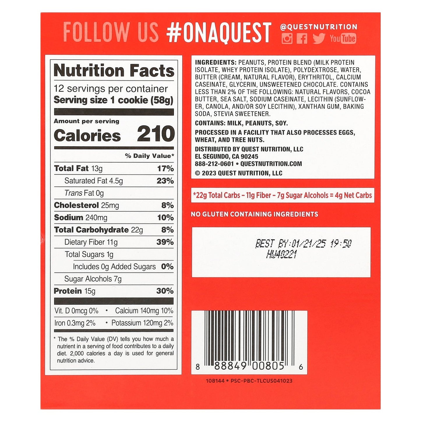 Quest Nutrition, Protein Cookie, Peanut Butter Chocolate Chip, 12 Cookies, 2.04 oz (58 g) Each