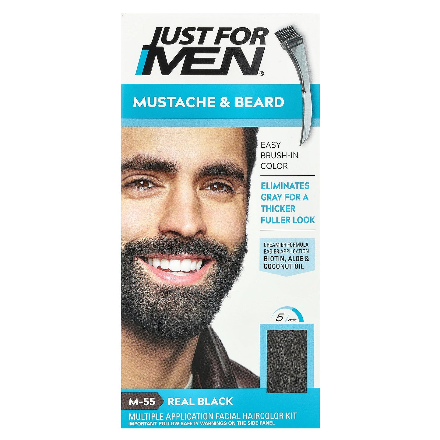 Just for Men, Mustache & Beard, Easy Brush-In Color, M-55 Real Black, 1 Multiple Application Kit