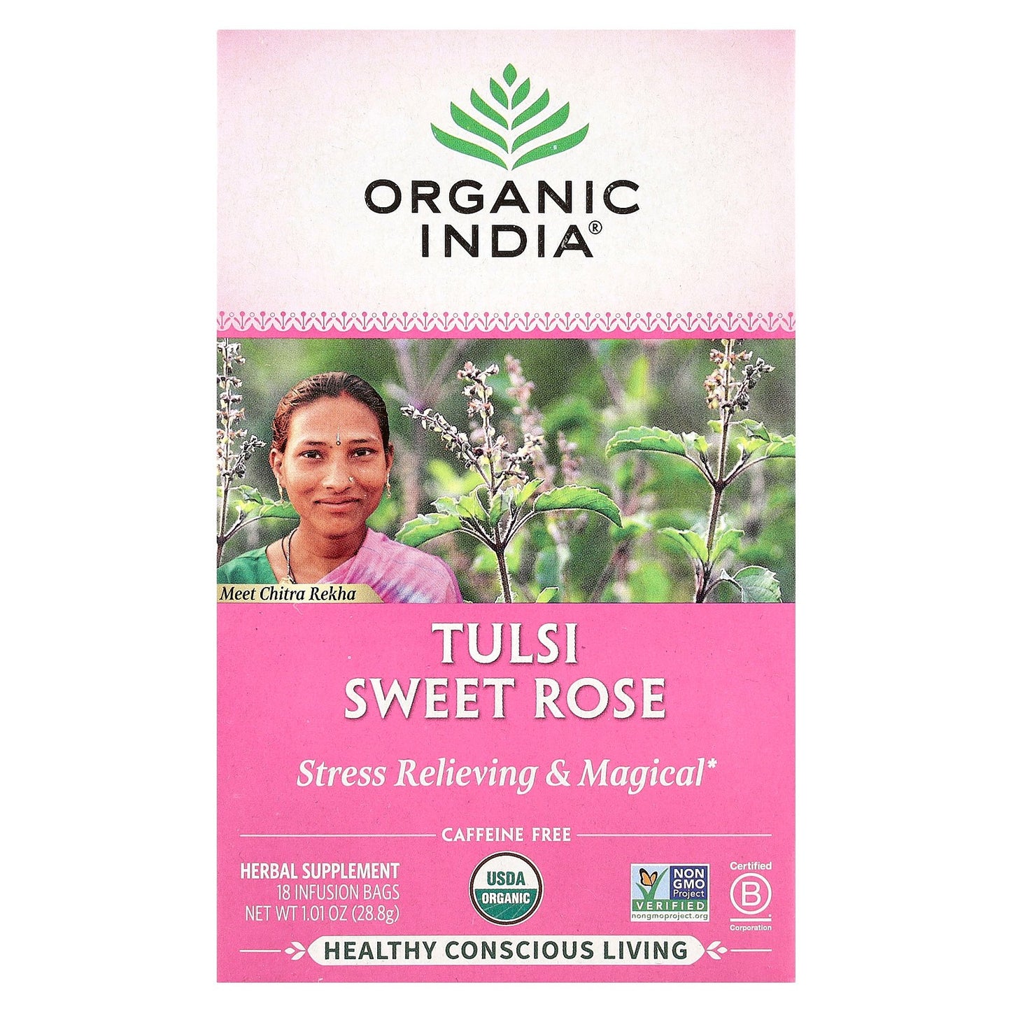Organic India, Tulsi Sweet Rose Tea, Caffeine Free, 18 Infusion Bags, 1.01 oz (28.8 g)