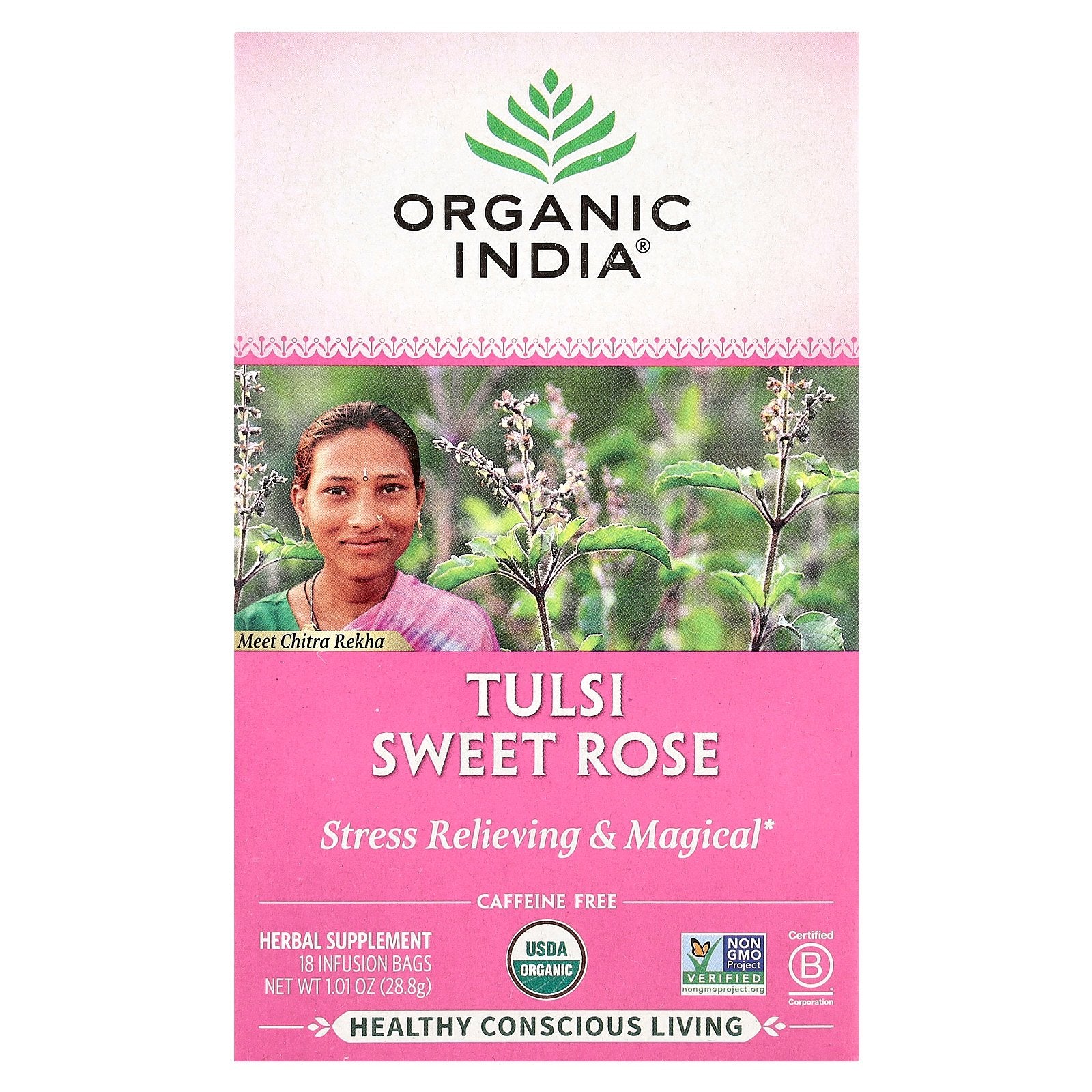 Organic India, Tulsi Sweet Rose Tea, Caffeine Free, 18 Infusion Bags, 1.01 oz (28.8 g)