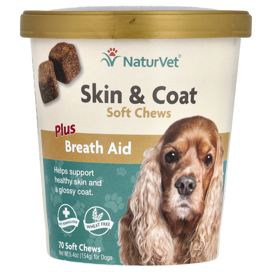 NaturVet, Skin & Coat Soft Chews, Plus Breath Aid, For Dogs, 70 Soft Chews, 5.4 oz (154 g)