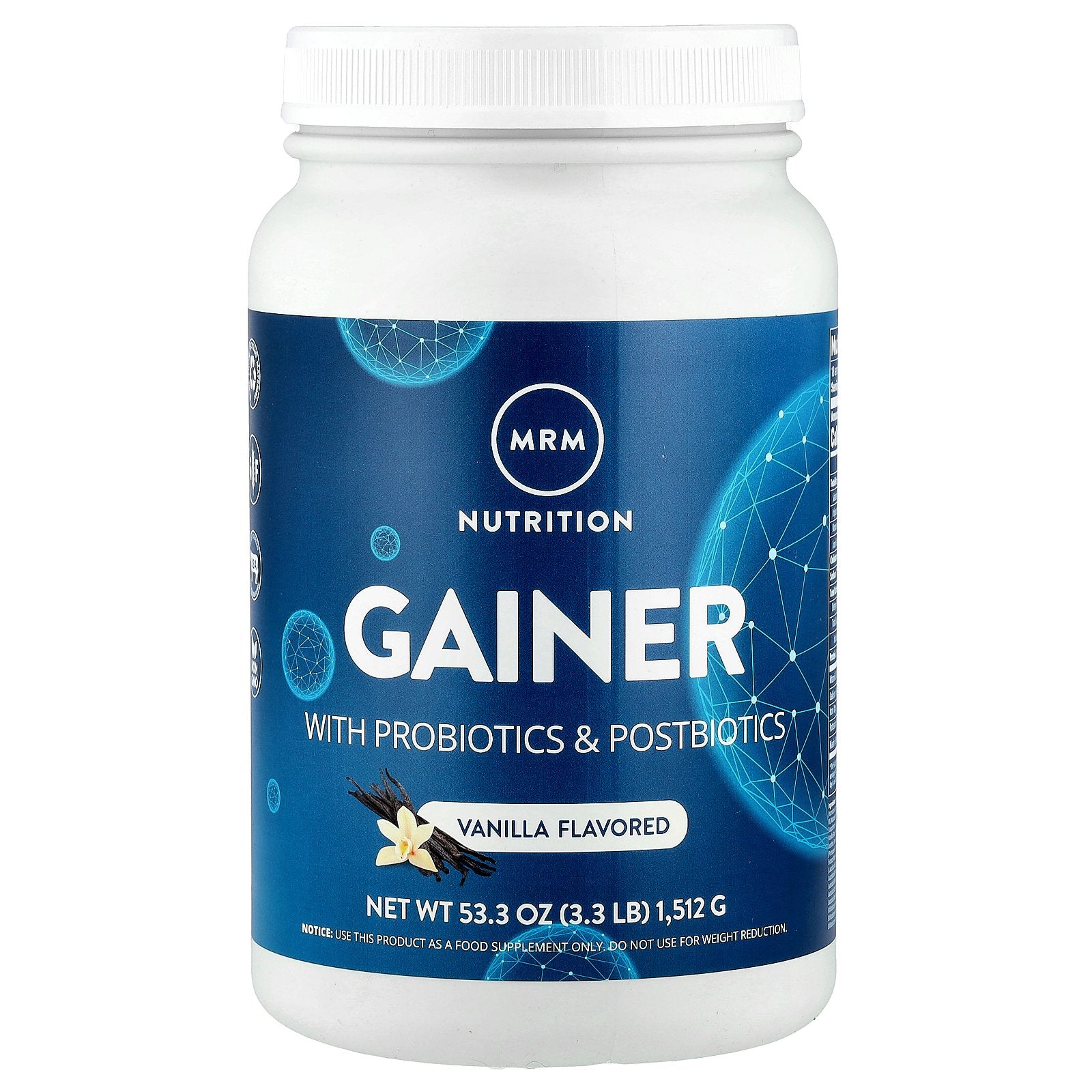 MRM Nutrition, Gainer with Probiotics & Postbiotics, Vanilla, 3.3 lb (1,512 g)