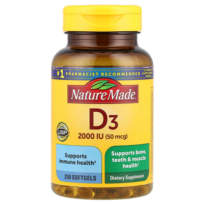 Nature Made, Vitamin D3, 50 mcg (2,000 IU), 250 Softgels