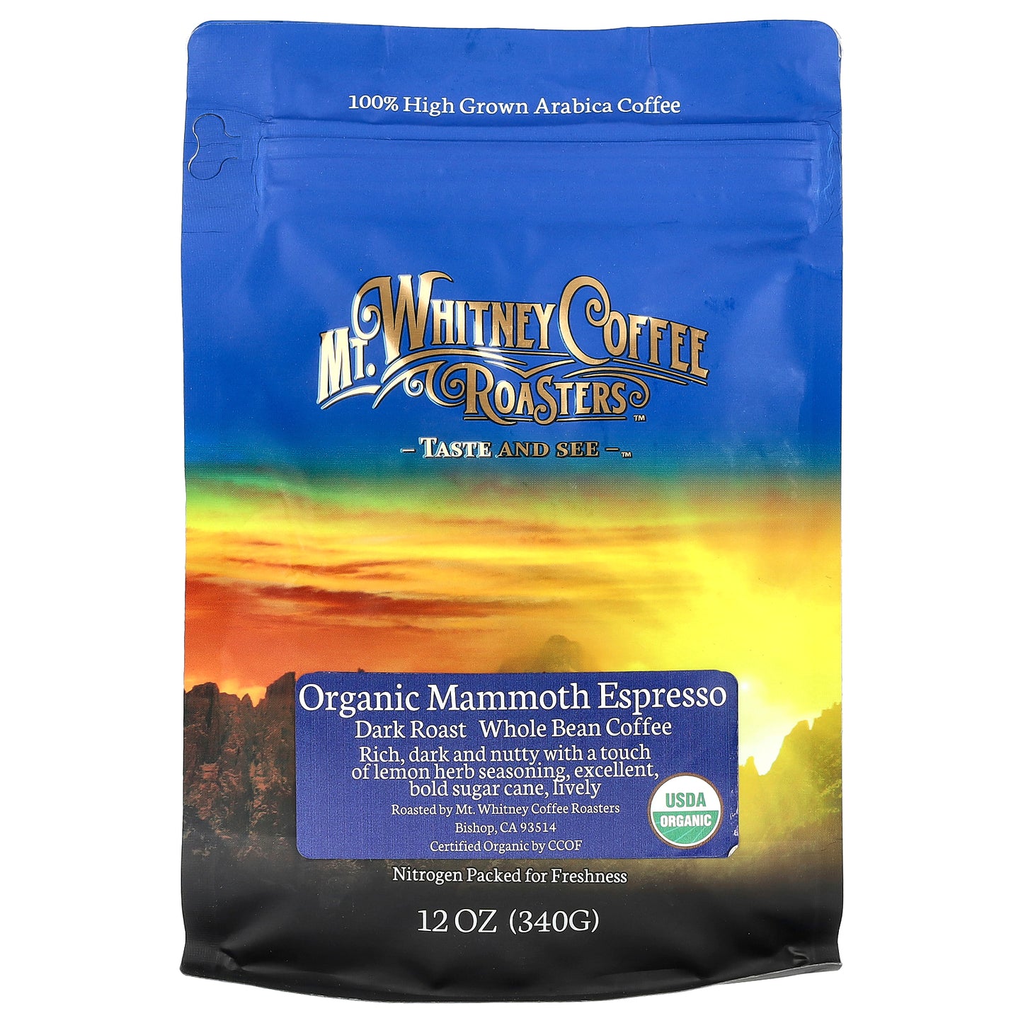 Mt. Whitney Coffee Roasters, Organic Mammoth Espresso, Whole Bean Coffee, Dark Roast, 12 oz (340 g)
