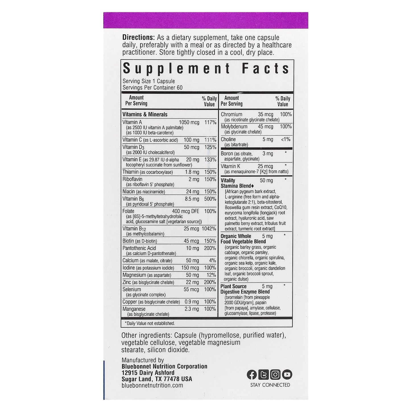 Bluebonnet Nutrition, Men's ONE® 40+, Whole Food- Based Multiple, 60 Vegetable Capsules