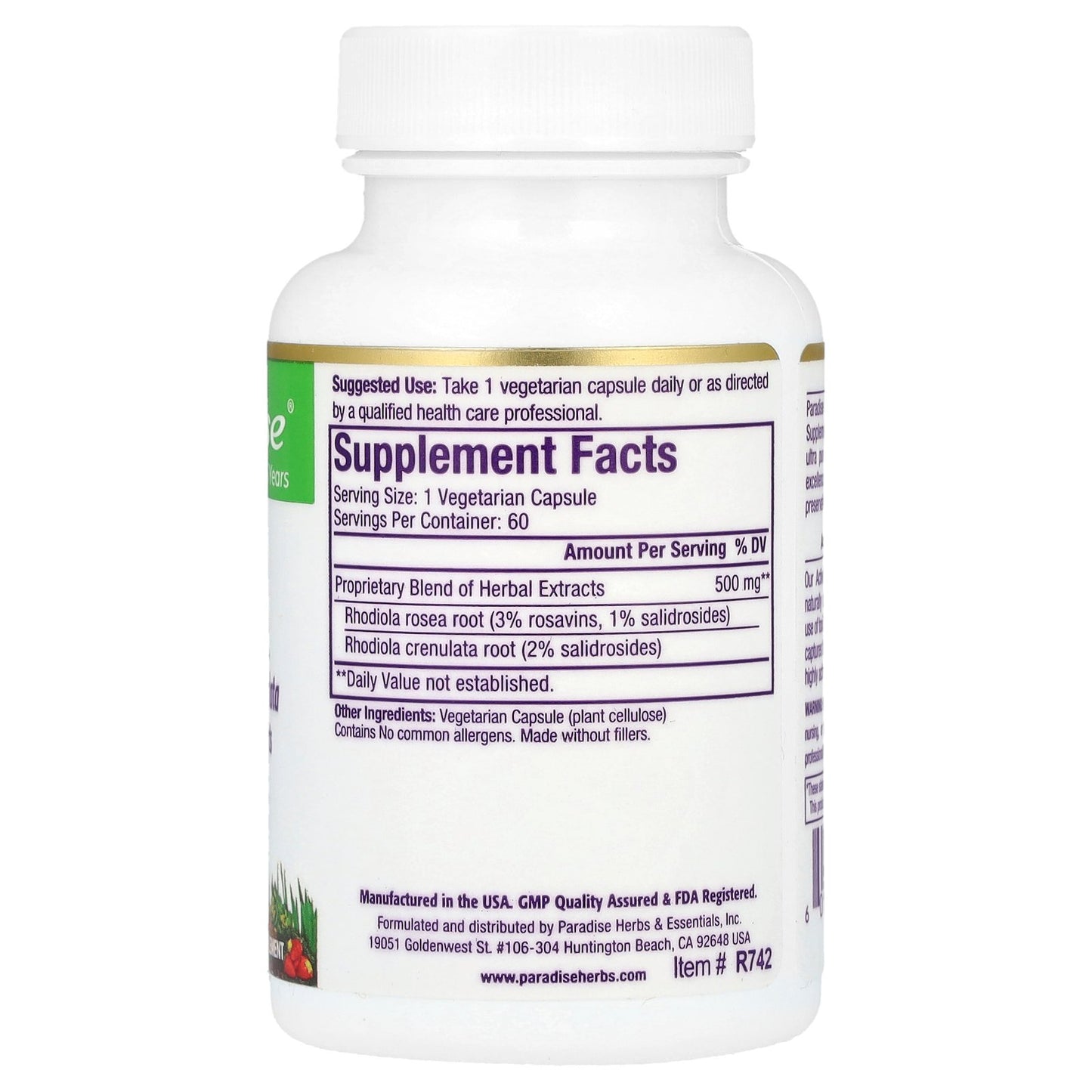 Paradise Herbs, Rhodiola, 60 Vegetarian Capsules (500 mg per Capsule)