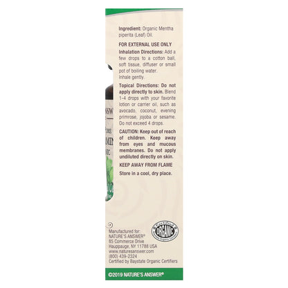 Nature's Answer, 100% Pure Organic Essential Oil, Peppermint, 0.5 fl oz (15 ml)
