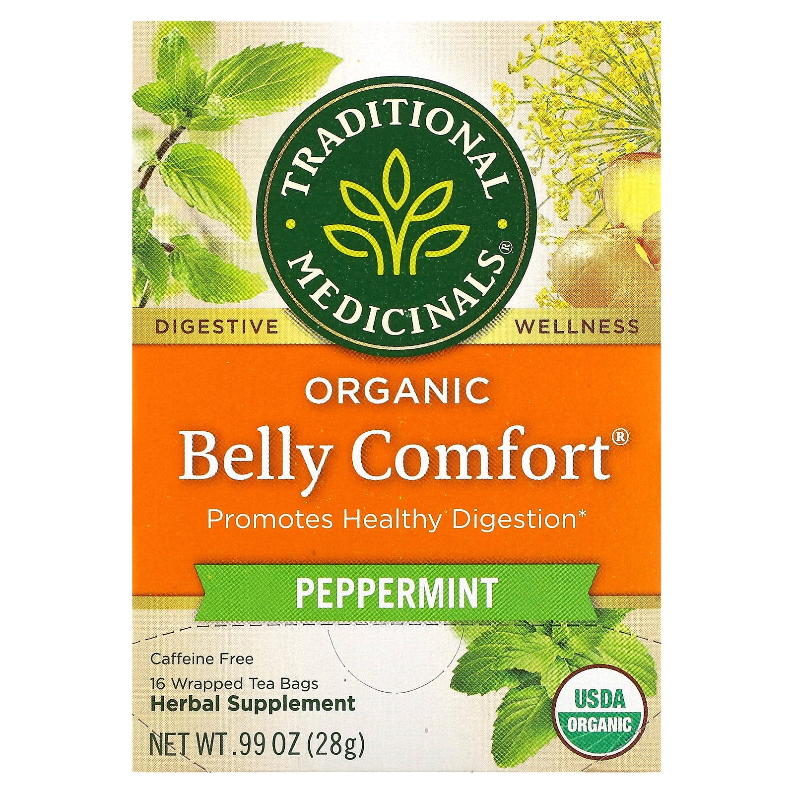 Traditional Medicinals, Organic Belly Comfort®, Peppermint, Caffeine Free, 16 Wrapped Tea Bags, 0.99 oz (28 g)