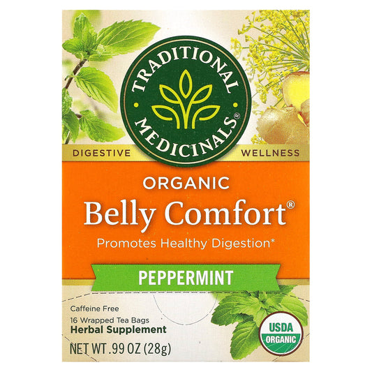 Traditional Medicinals, Organic Belly Comfort®, Peppermint, Caffeine Free, 16 Wrapped Tea Bags, 0.99 oz (28 g)