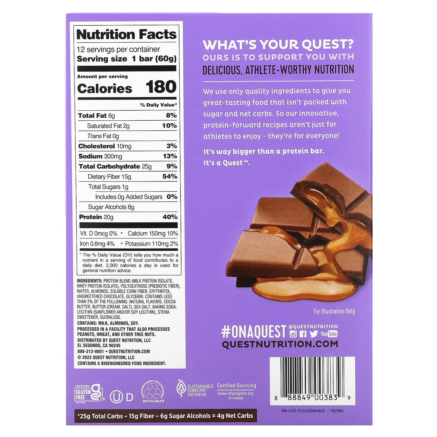 Quest Nutrition, Protein Bar, Caramel Chocolate Chunk, 12 Bars, 2.12 oz (60 g) Each